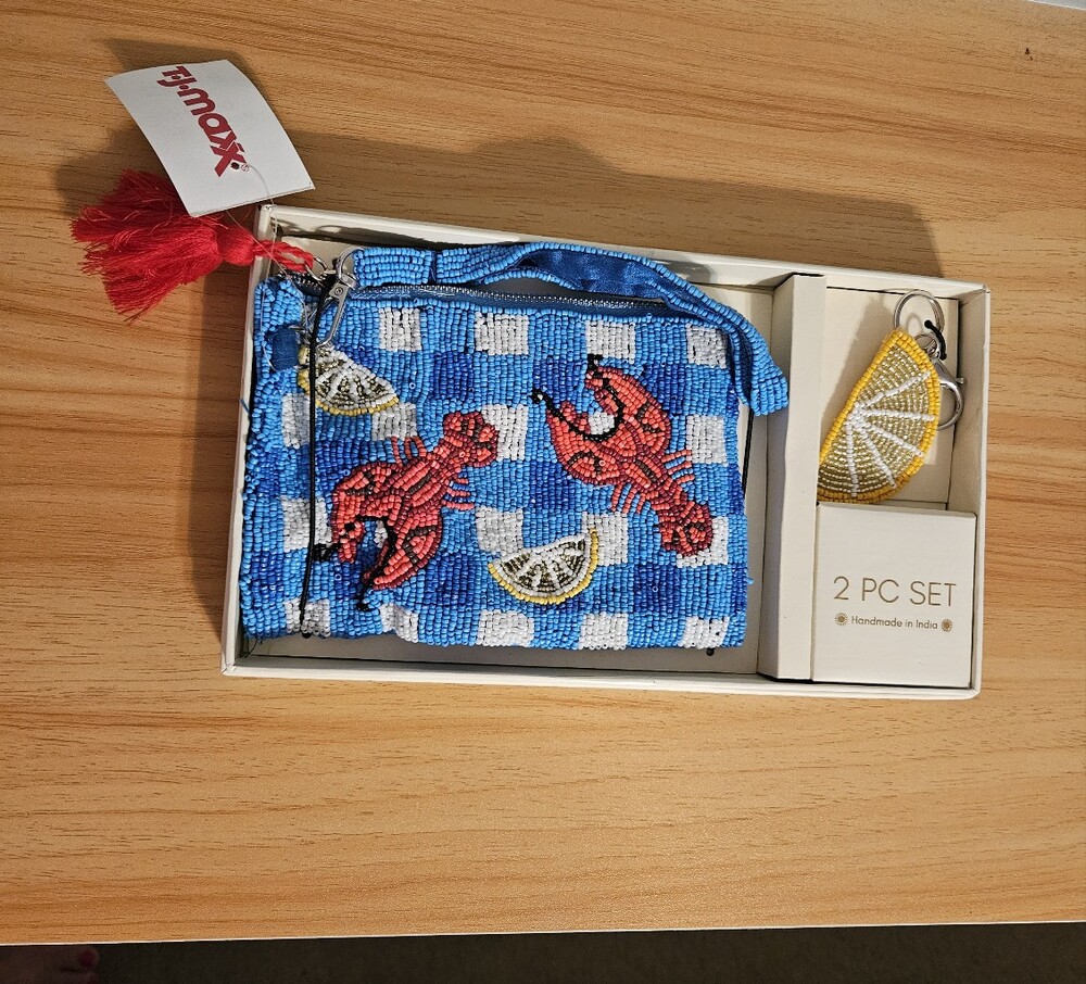 Beaded Lobster Wristlet Pouch in Blue & Red